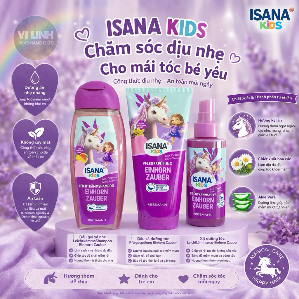 Sữa tắm - Gội xả & xịt dưỡng tóc Isana bé gái hàng Đức
