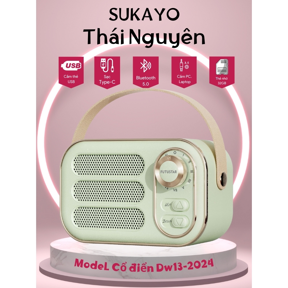 Loa bluetooth SUKAYO-DW13 phong cách Art Deco Vintage loa có quai xách, 5 màu Pastel Hàn Quốc
