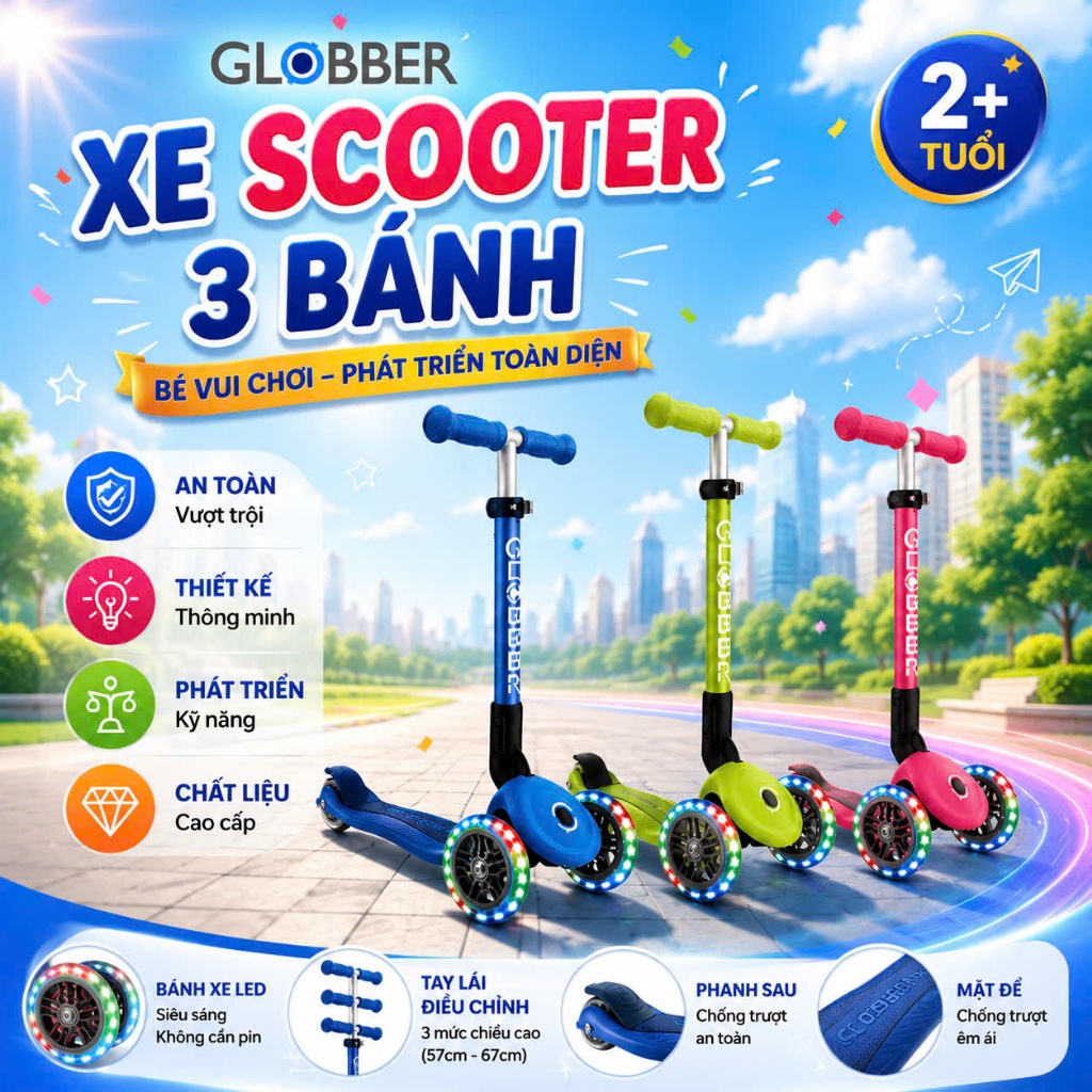Xe scooter 3 bánh Globber Primo Lights Anodized T-bar cho bé
