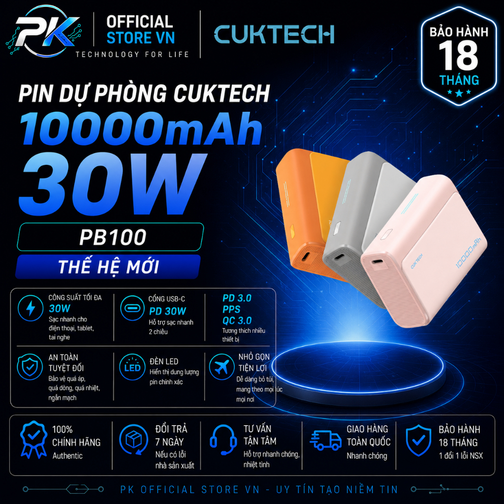 Pin Dự Phòng Cuktech 10000mAh 30W PD3.0 PPS QC3.0 PB100 - BH 18 Tháng
