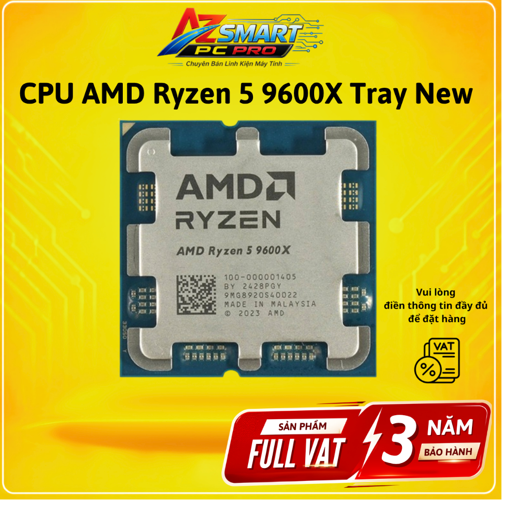 CPU AMD Ryzen 5 9600X Tray 6 Nhân 12 Luồng BH 36 Tháng Full VAT, Hiệu Năng Cao AZSMART PC