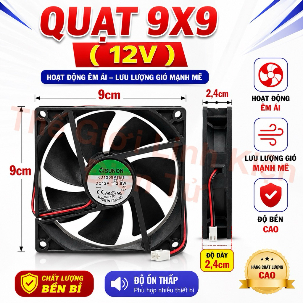 Quạt tản nhiệt 12v ( 9cm x 9cm ) zin