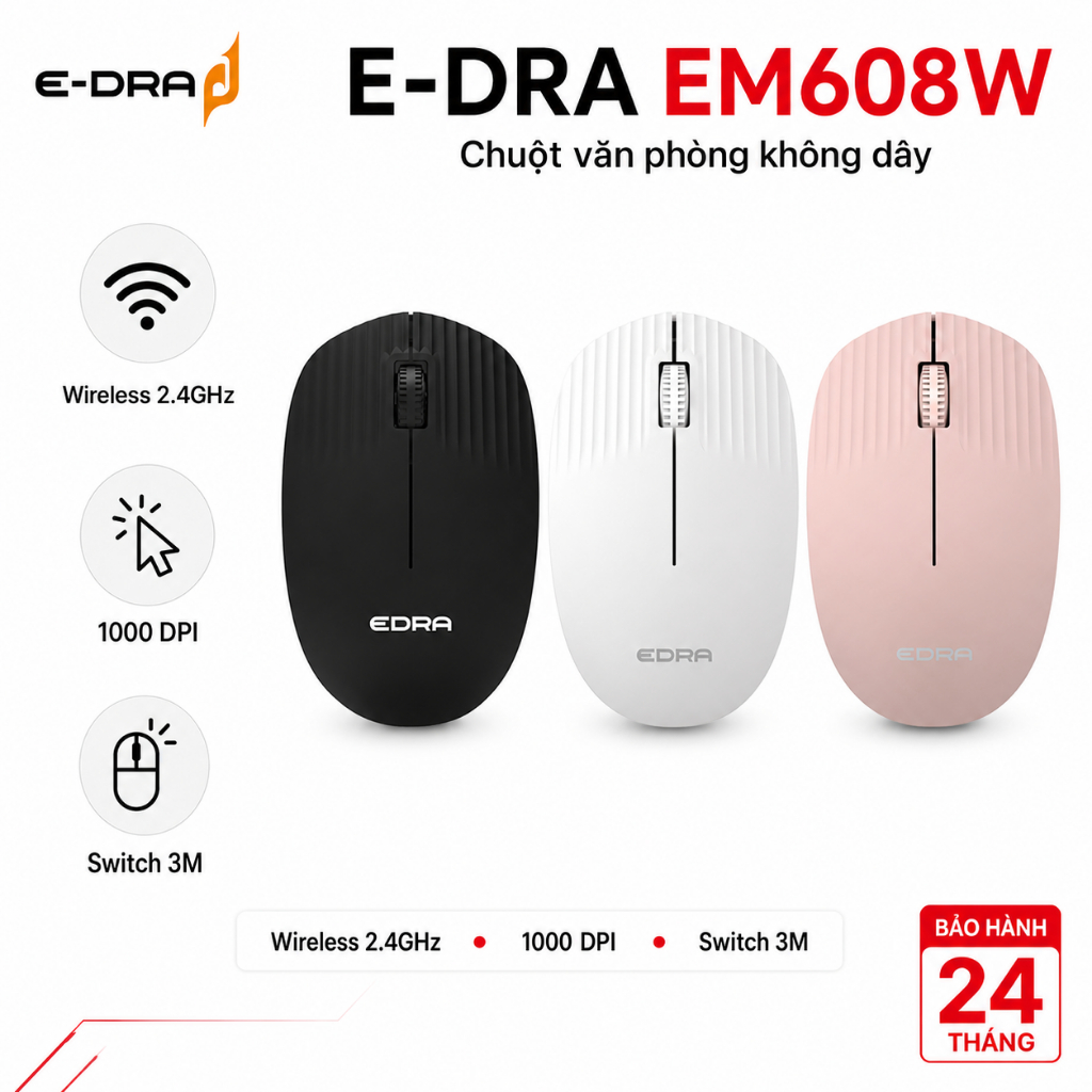 Chuột văn phòng không dây E-Dra EM608W – USB 2.4 GHz, 1000 DPI, switch 3M, 3 màu – Chính hãng