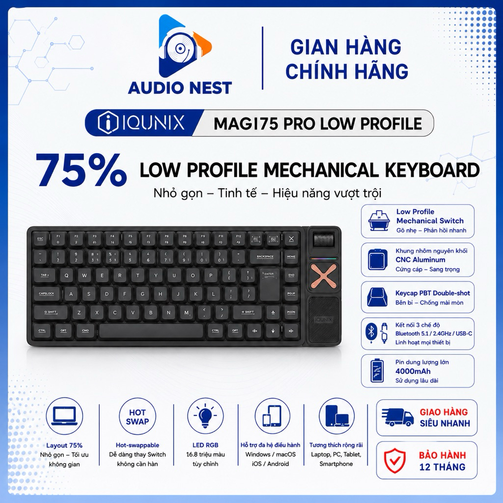 Bàn Phím Cơ IQUNIX Magi75 Pro Low Profile Aluminum 3 Mode Switch - Bảo Hành 12 Tháng,