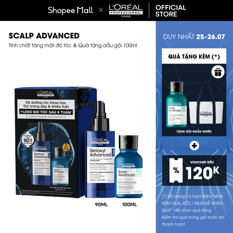 Combo Tinh chất tăng mật độ tóc Serioxyl Advanced 90ml & Dầu gội giảm bết dầu da đầu Scalp Advanced 100ml