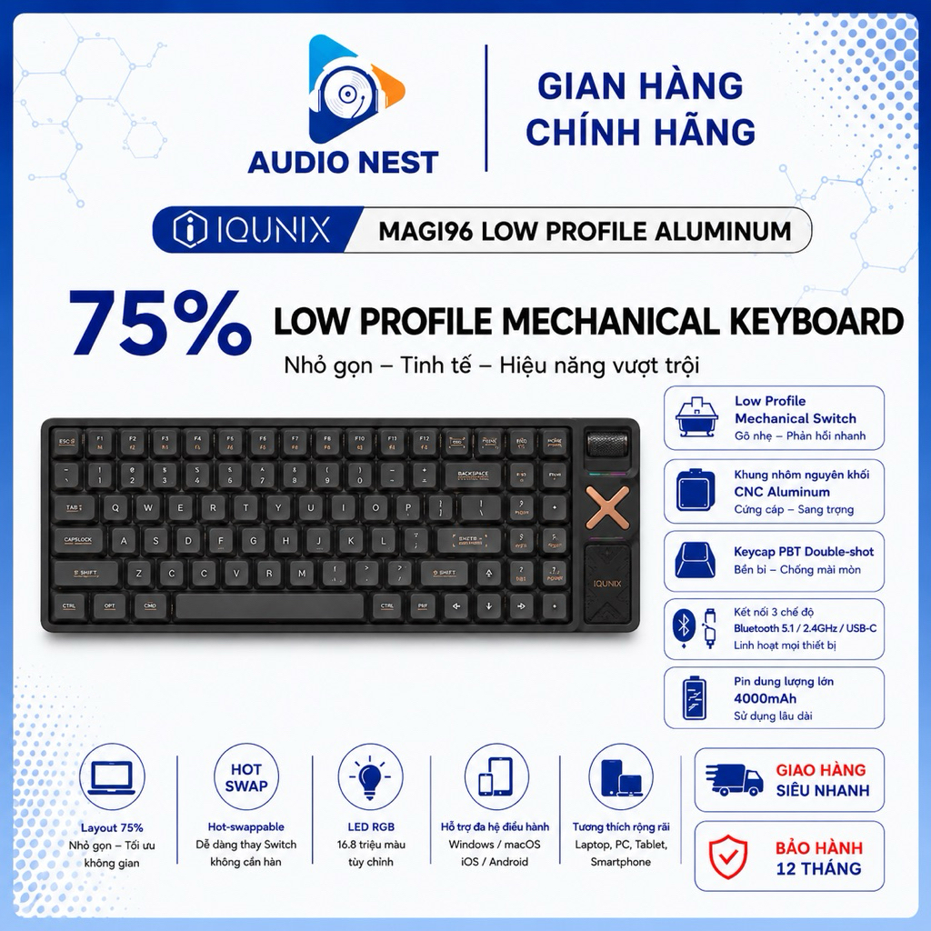 Bàn Phím Cơ IQUNIX Magi96 Low Profile Aluminum Bluetooth 5.1 Vỏ CNC Aluminum - Bảo Hành 12 Tháng.
