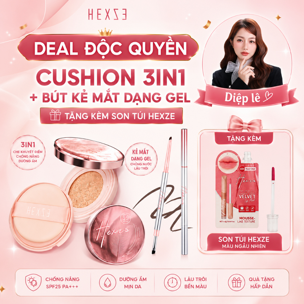 [DEAL ĐỘC QUYỀN] Cushion HEXZE 3in1 tích hợp chống nắng SPF50+, PA++++ KÈM Kẻ mắt dạng GEL
