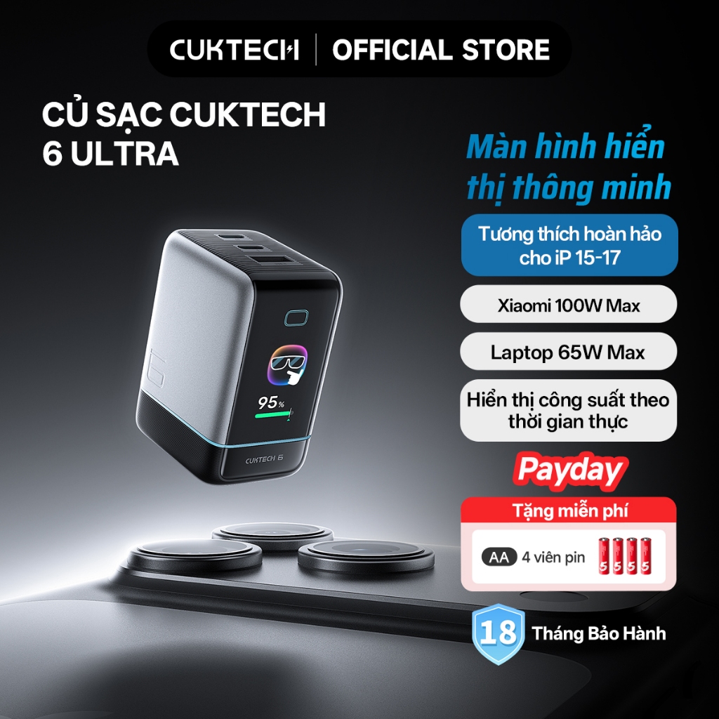 Củ Sạc Nhanh CUKTECH GaN 100W Màn Hình Hiển Thị 3 Cổng Type-C Sạc Laptop 65W Tương Thích iP 17 Pro Max/MacBook/Xiaomi