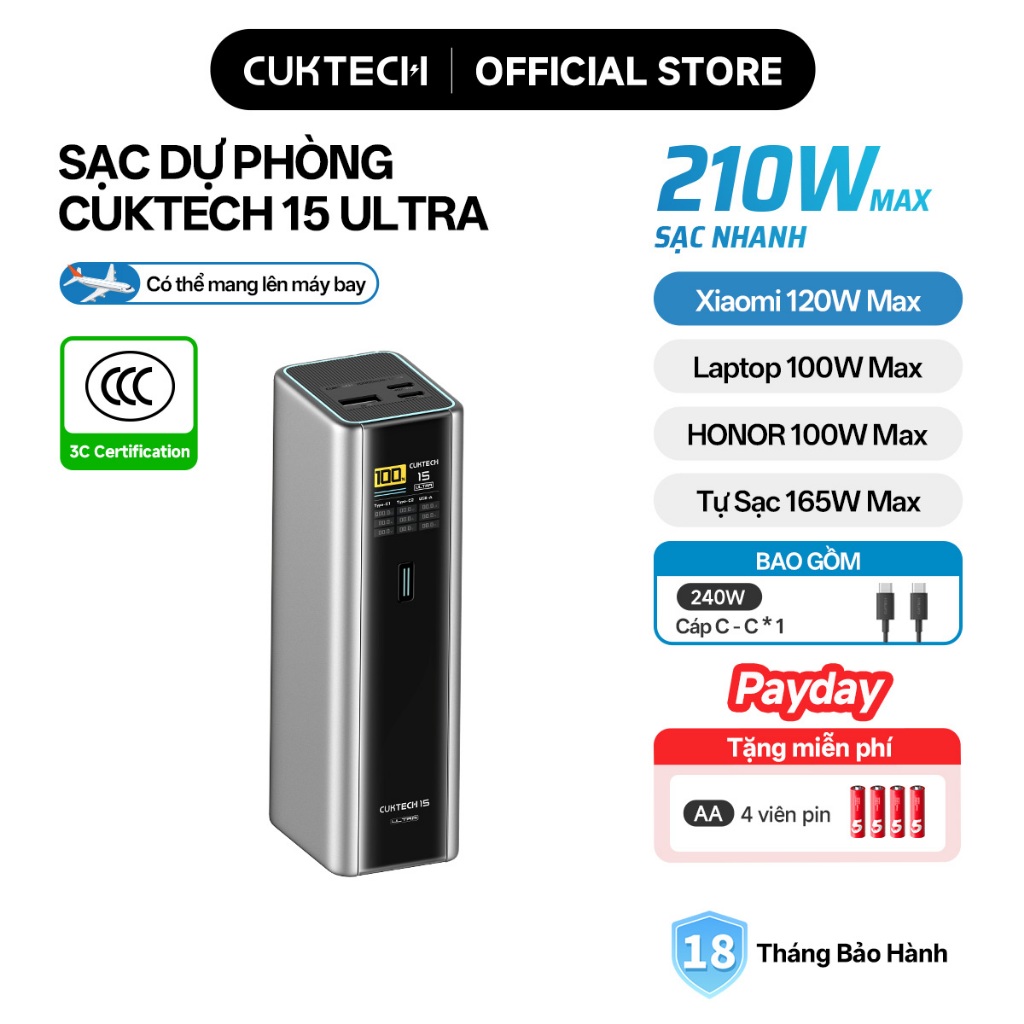 【Được chứng nhận CCC】CUKTECH Sạc Nhanh 210W 20000mAh – Hỗ Trợ Xiaomi 120W, Samsung 45W, iP16/15/14 Laptop 140W
