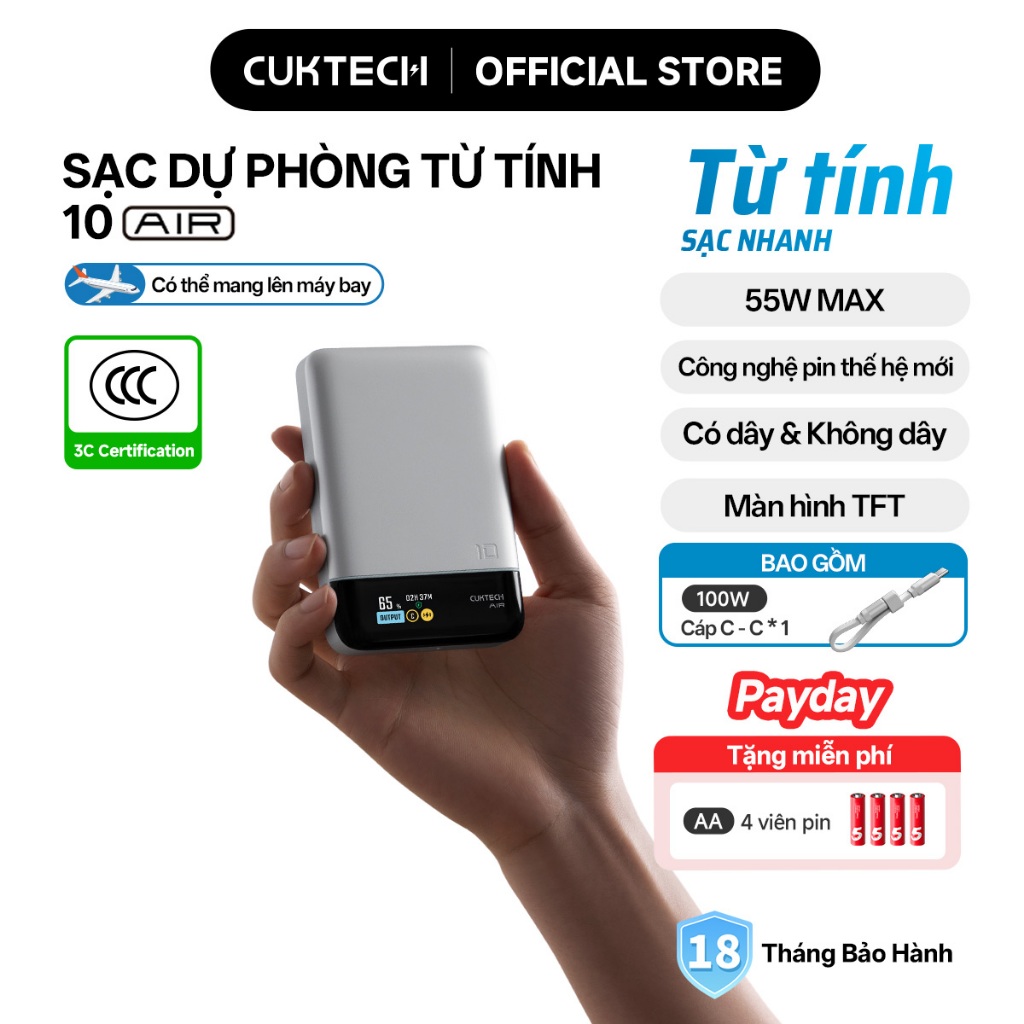 CUKTECH Pin Dự Phòng Từ Tính Sạc Nhanh 55W 10000mAh  Hỗ Trợ Sạc Không Dây Tích Hợp Dây cho iP 17–12