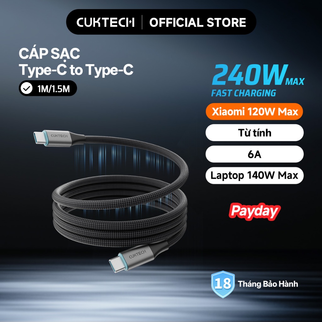 CUKTECH Cáp Sạc Nhanh 240W 6A C to C, Hỗ Trợ Xiaomi 120W PD3.1 cho iP16 MacBook Samsung (1m/1.5m)