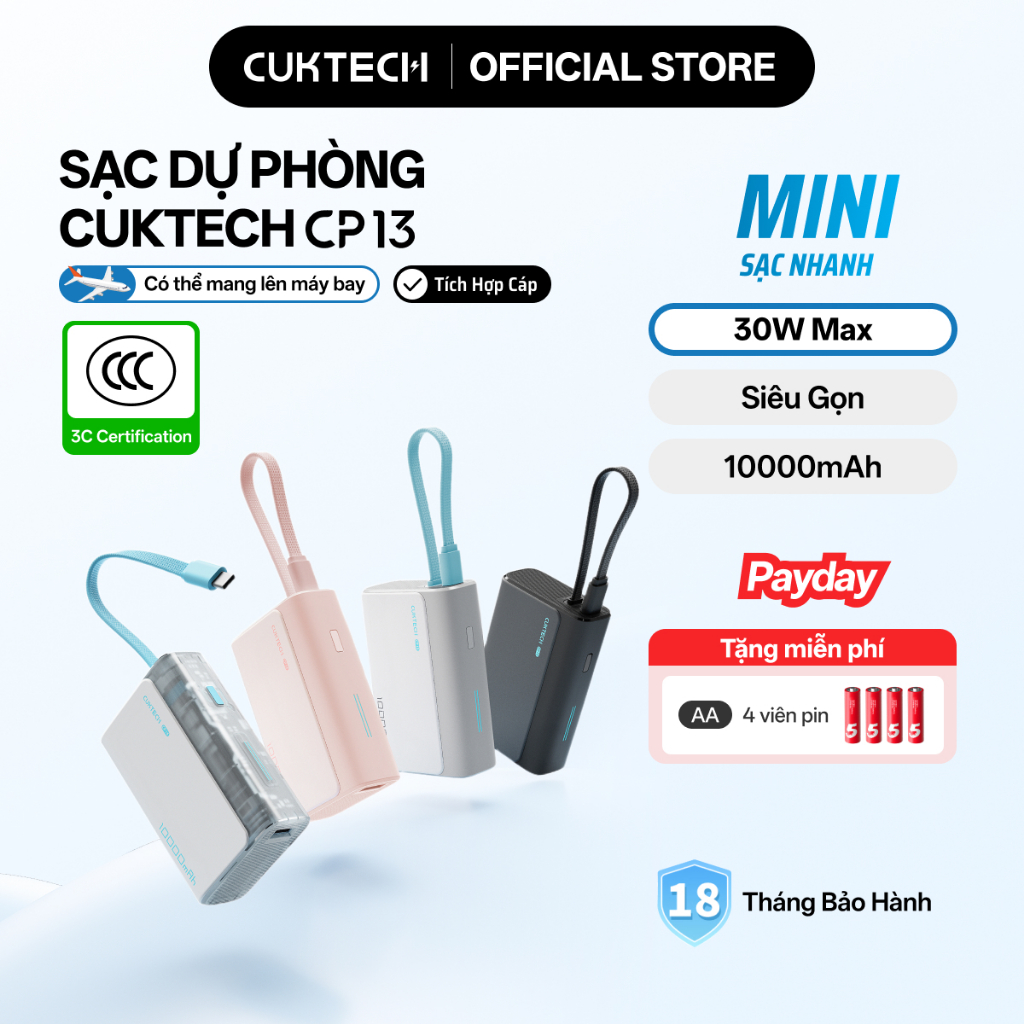 【Được chứng nhận CCC】CUKTECH Pin Dự Phòng Mini 10000mAh Sạc Nhanh 30W – Tích Hợp Dây Hỗ Trợ iP 16/15/14