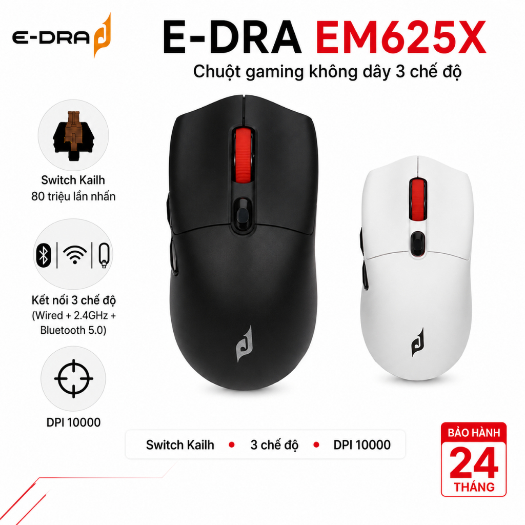 Chuột gaming không dây E-Dra EM625X – 3 Mode, 10000 DPI, Kailh 80M, LED RGB, nhẹ 60 g – Chính hãng