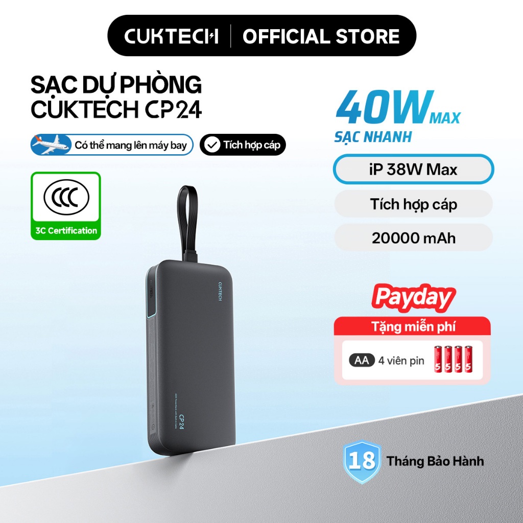 【Được chứng nhận CCC】CUKTECH Pin Dự Phòng 20000mAh Sạc Nhanh 40W – Tích Hợp Dây, Hỗ Trợ iP 38W / Xiaomi 33W —— CP24