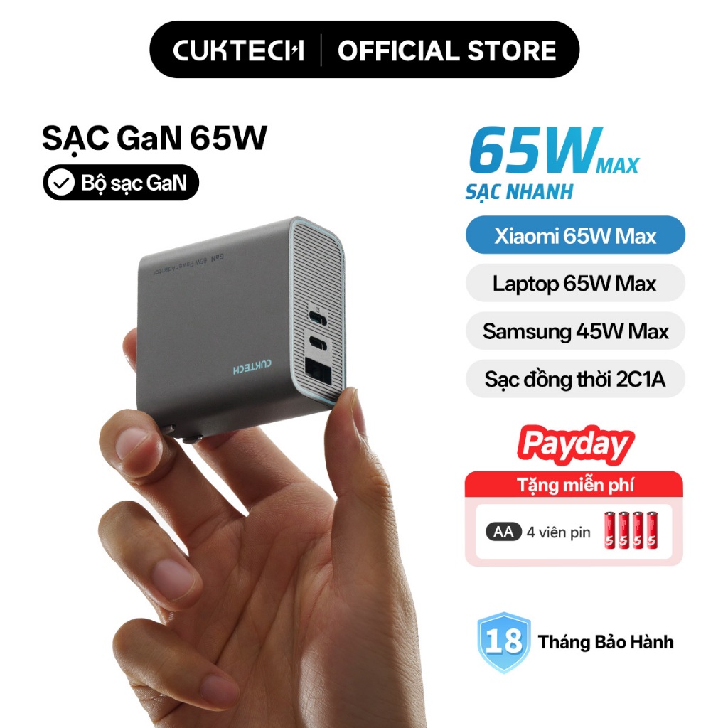 Củ Sạc Nhanh CUKTECH GaN 65W 3 Cổng Siêu Nhỏ Gọn Không Nóng Máy Cho iP 17/16/15/MacBook/Laptop/Xiaomi 17/Samsung S26
