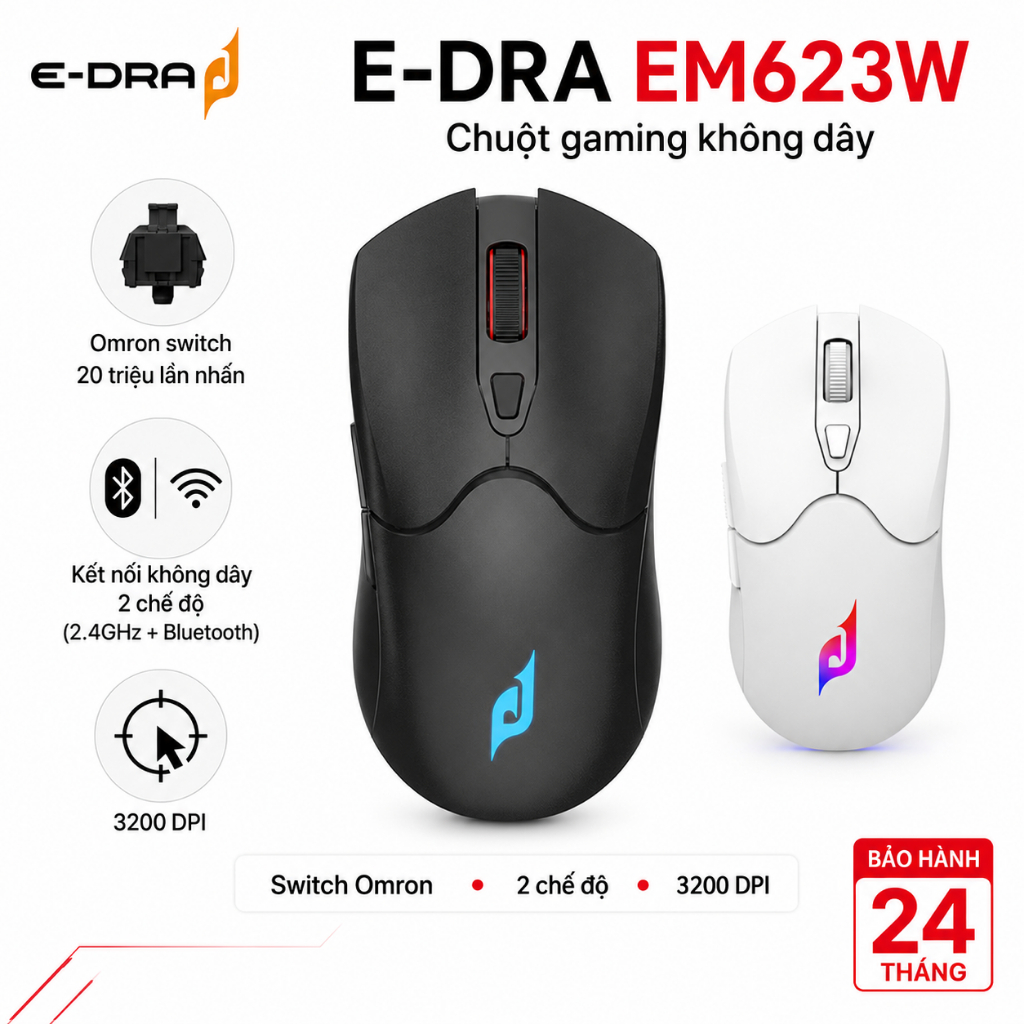 Chuột gaming không dây E-Dra EM623W – 2 chế độ, 3200 DPI, Omron 20M, LED RGB, 85 g – Chính hãng