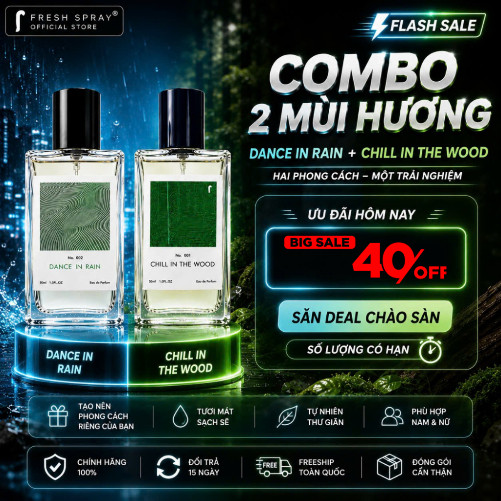 Combo 2 Nước Hoa Unisex F Fresh Spray 50ml – No.001 Chill In The Wood + No.002 Dance In Rain