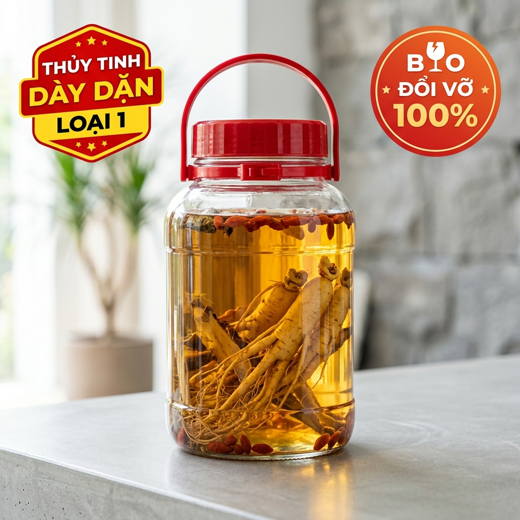 Bình Thủy Tinh Ngâm Rượu Vạn Tâm An 2L 5L 10L 20L Nắp Gioăng Quai Cầm Thủy Tinh Dày Đựng Hoa Quả Sâm