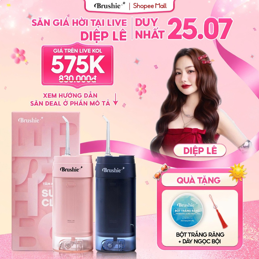 [GIÁ 539K LIVE DIỆP LÊ] Tăm nước Brushie Super Clean Flossie,Cải Tiến 17 Chế Độ Làm Sạch Sâu Cho Răn
