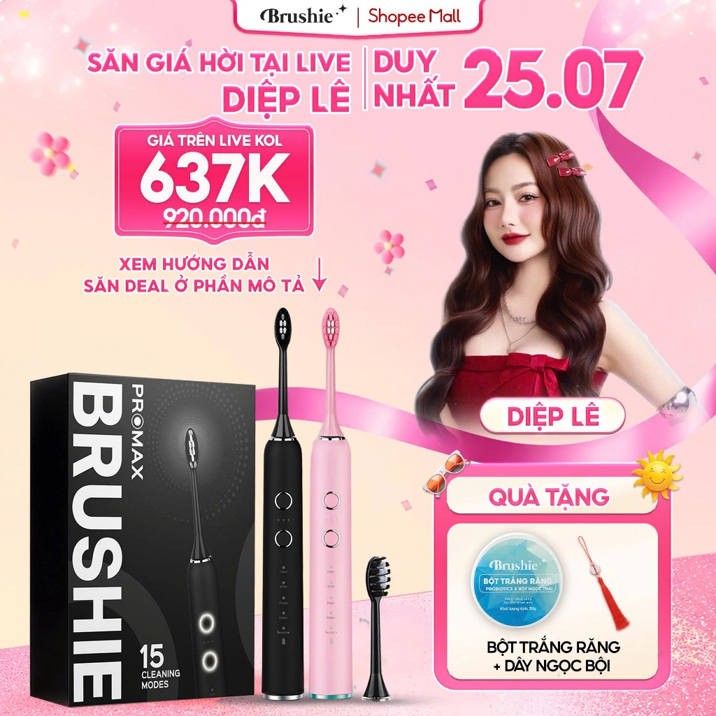 [GIÁ 595K LIVE DIỆP LÊ] Bàn chải điện Brushie Promax tích hợp 15 chế độ làm sạch sâu, Loại bỏ mảng b