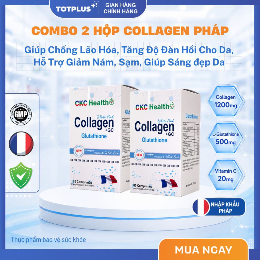 Combo 2 Hộp Collagen + GC Glutathione Xuất Xứ Pháp – Bổ Sung Collagen, Glutathione, Vitamin C Giúp S