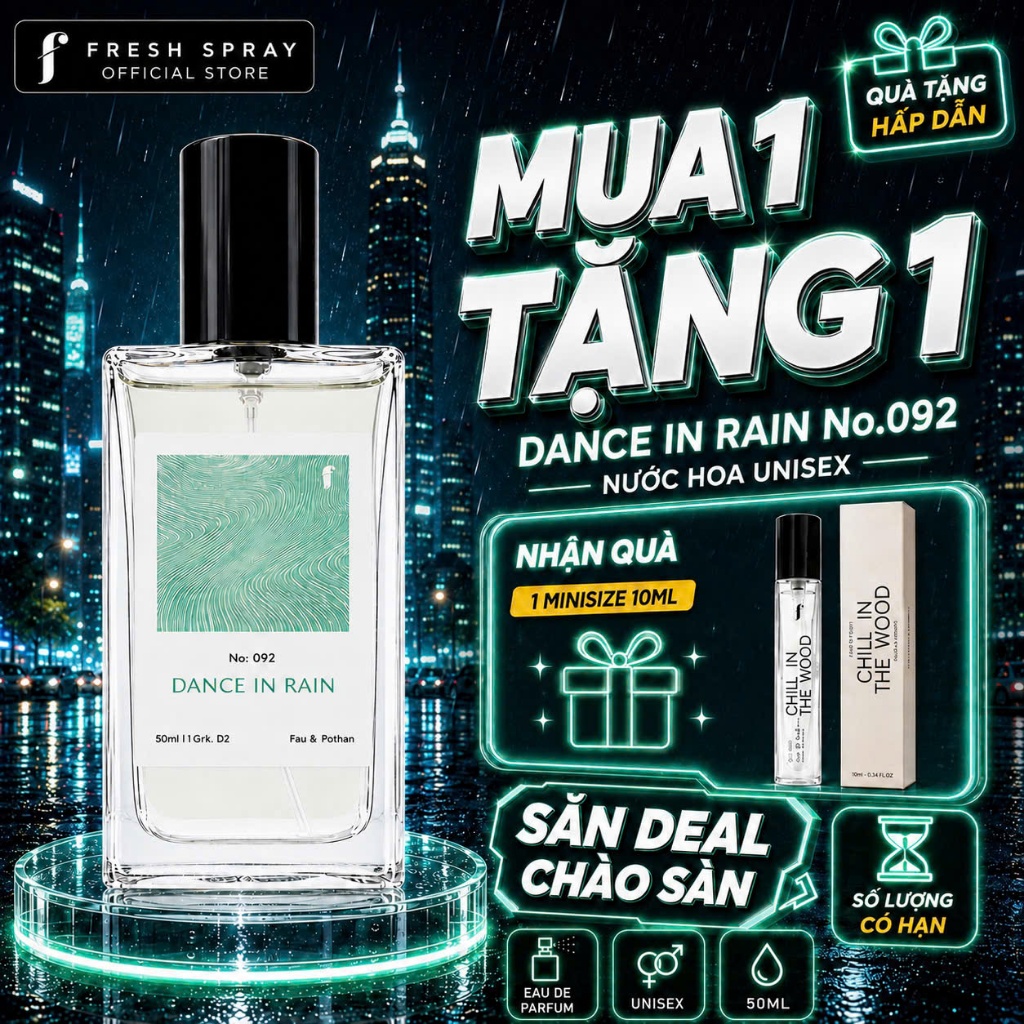 Nước Hoa Unisex F Fresh Spray No.002 Dance In The Rain 50ml EDP – Tặng Chill In The Wood Mini 10ml