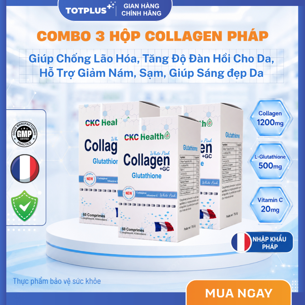 Combo 3 Hộp Collagen + GC Glutathione Xuất Xứ Pháp – Bổ Sung Collagen, Glutathione, Vitamin C Giúp S