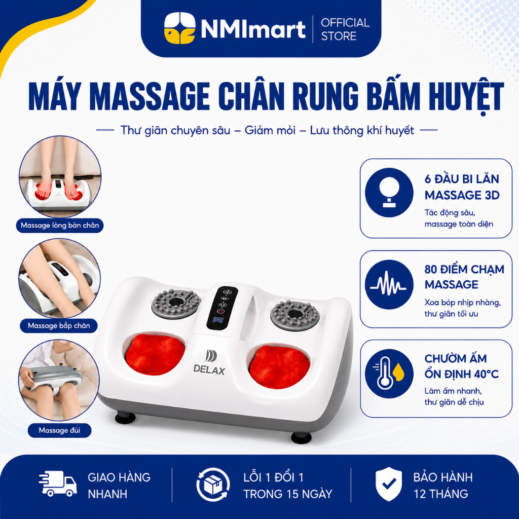 Máy Massage Chân Rung Bấm Huyệt DELAX 80 Điểm Massage - Chườm Ấm, Massage Bàn Chân, Bắp Chân