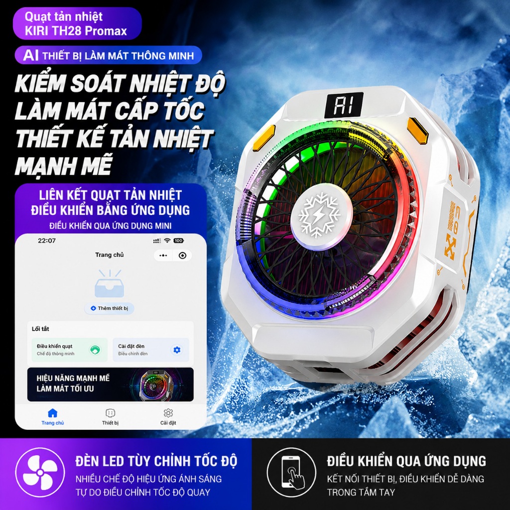 Quạt tản nhiệt Kiri Th28 Pro Max 37W có kết nối App điều khiển nhiệt thông minh