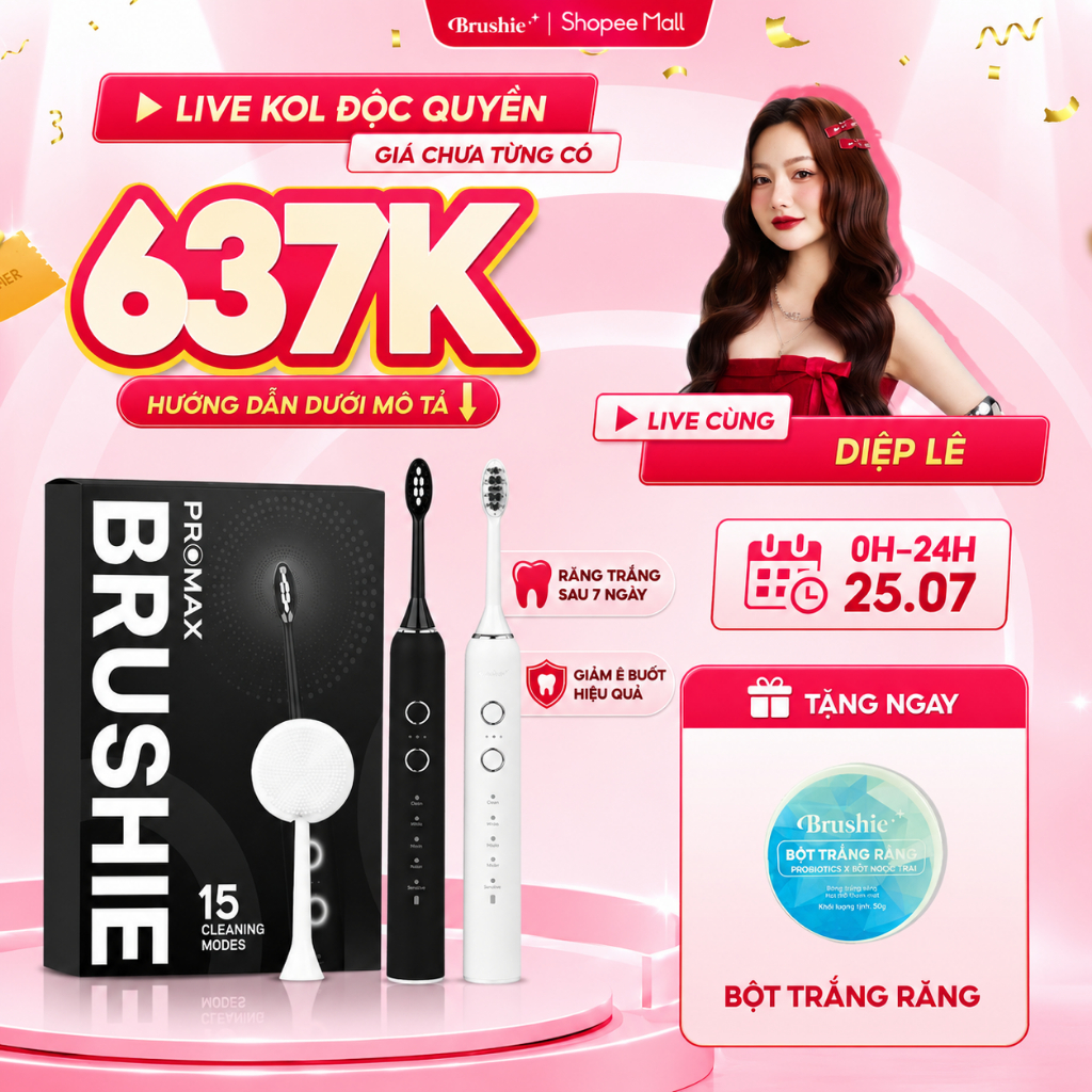 [GIÁ 595K LIVE DIỆP LÊ] Bàn chải điện Brushie Promax 15 chế độ làm sạch sâu cho răng nhạy cảm, êm dị