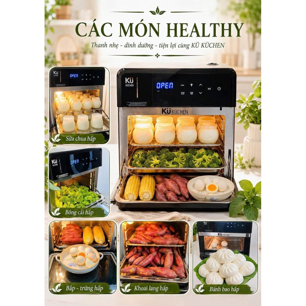 Nồi chiên không dầu kết hợp hấp KUCHEN KU PCL2228 16L bảo hành 24 tháng l Sẵn phụ kiện thay thế