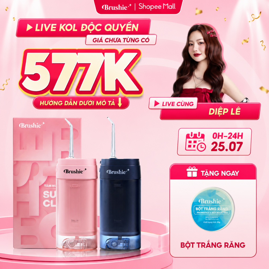 [GIÁ 539K LIVE DIỆP LÊ] Tăm Nước Brushie Super Clean Bản Cải Tiến 17 Chế Độ Làm Sạch Sâu, KOL
