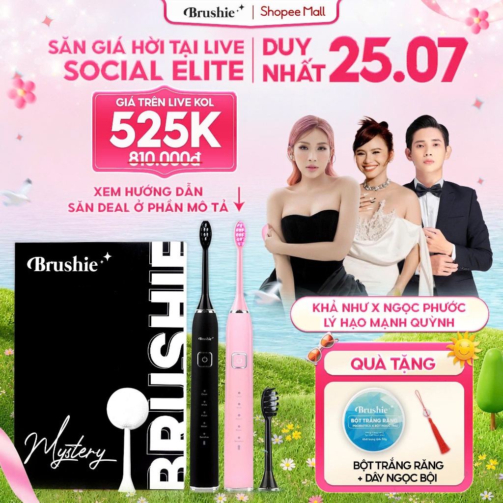 Bàn Chải Điện Brushie - Bàn Chải Điện Xoay Tròn, 3 Mô Hình Làm Sạch, Đen, Hồng, Xanh