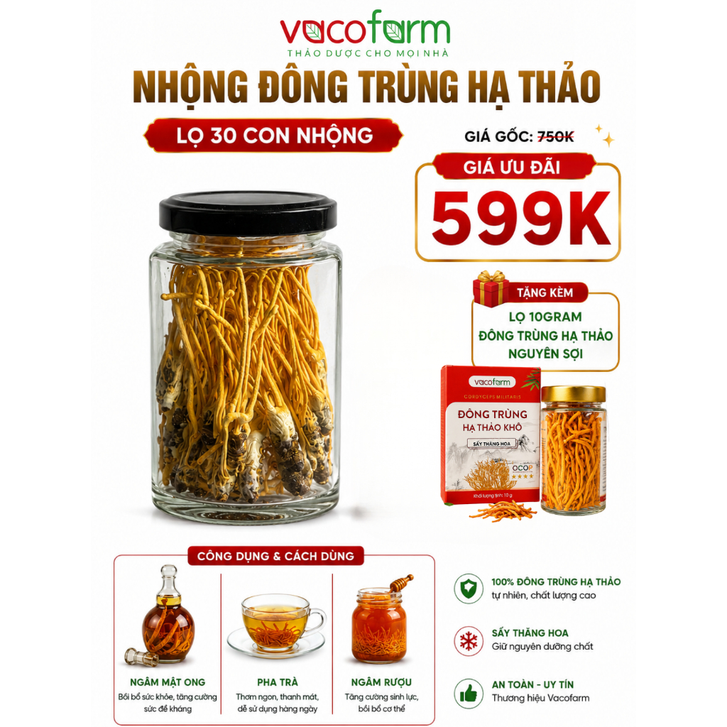 [Tặng 10g nấm khô nguyên sợi] Lọ 30 con nhộng sấy thăng hoa Vacofarm, ngâm mật ong, ngâm tưởu, pha t