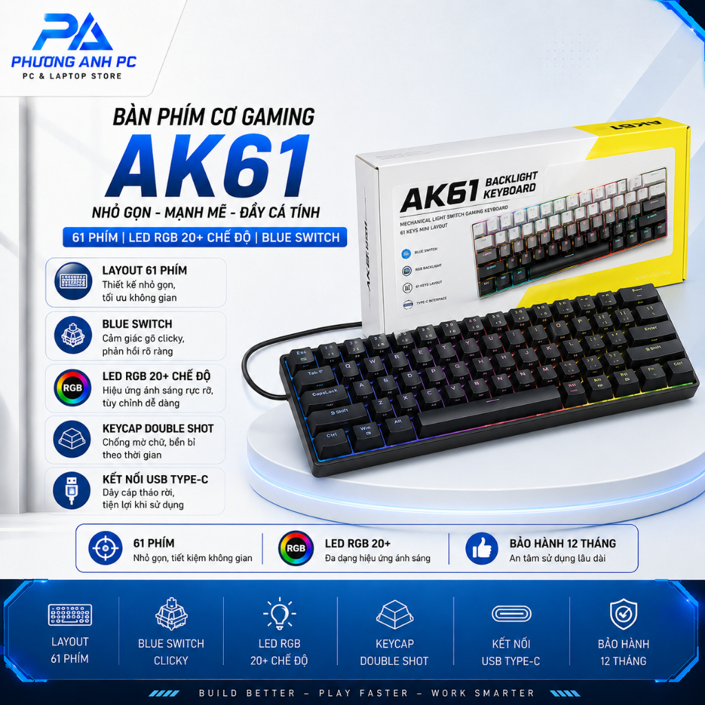 Bàn Phím Cơ Gaming AK61, Layout 61 phím, Led RGB 20+ chế độ, Blue Switch , BH 12 Tháng PhuongAnh.PC
