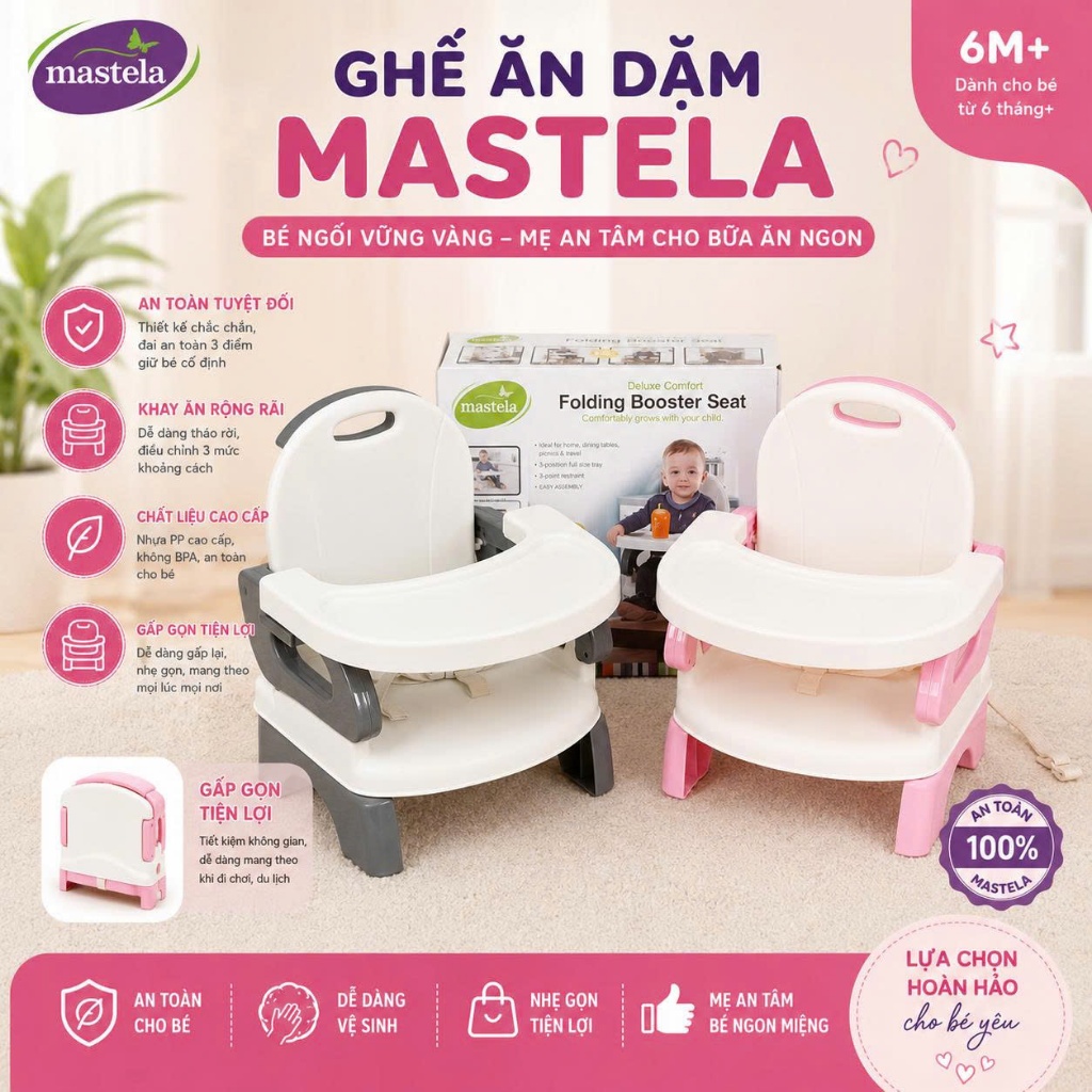 Ghế Ăn Dặm Gấp Gọn Mastela 07330/07331 - Ghế Ăn Du Lịch Tiện Lợi, Điều Chỉnh Độ Cao, An Toàn Cho Bé