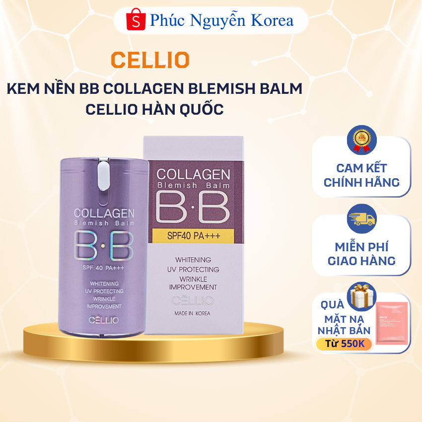 Kem Nền Chống Nắng BB Collagen Cellio Hàn Quốc, Hộp 40mL Giúp Che Phủ Khuyết Điểm Hoàn Hảo