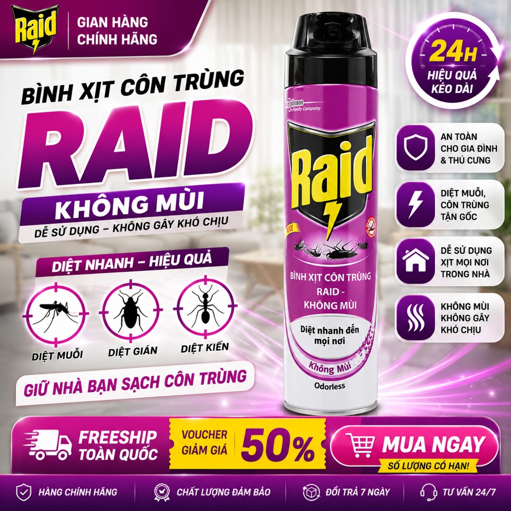 [BÁN CHẠY MÙA NÓNG] Chai Xịt Côn Trùng Raid 520ml –xịt côn trùng trong nhà Diệt Muỗi, Gián