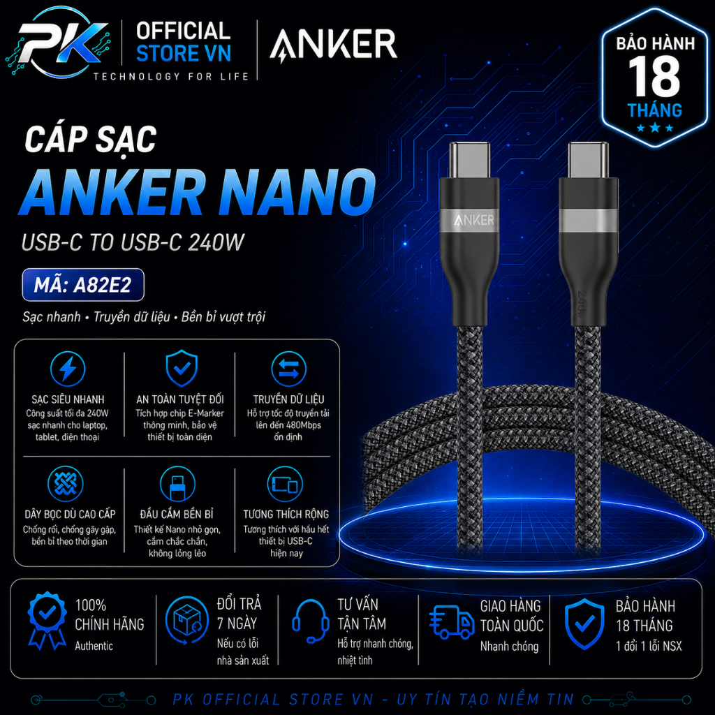 Cáp Sạc Anker Nano USB-C to USB-C 240W Dây Bọc Dù A82E2 - BH 18 Tháng