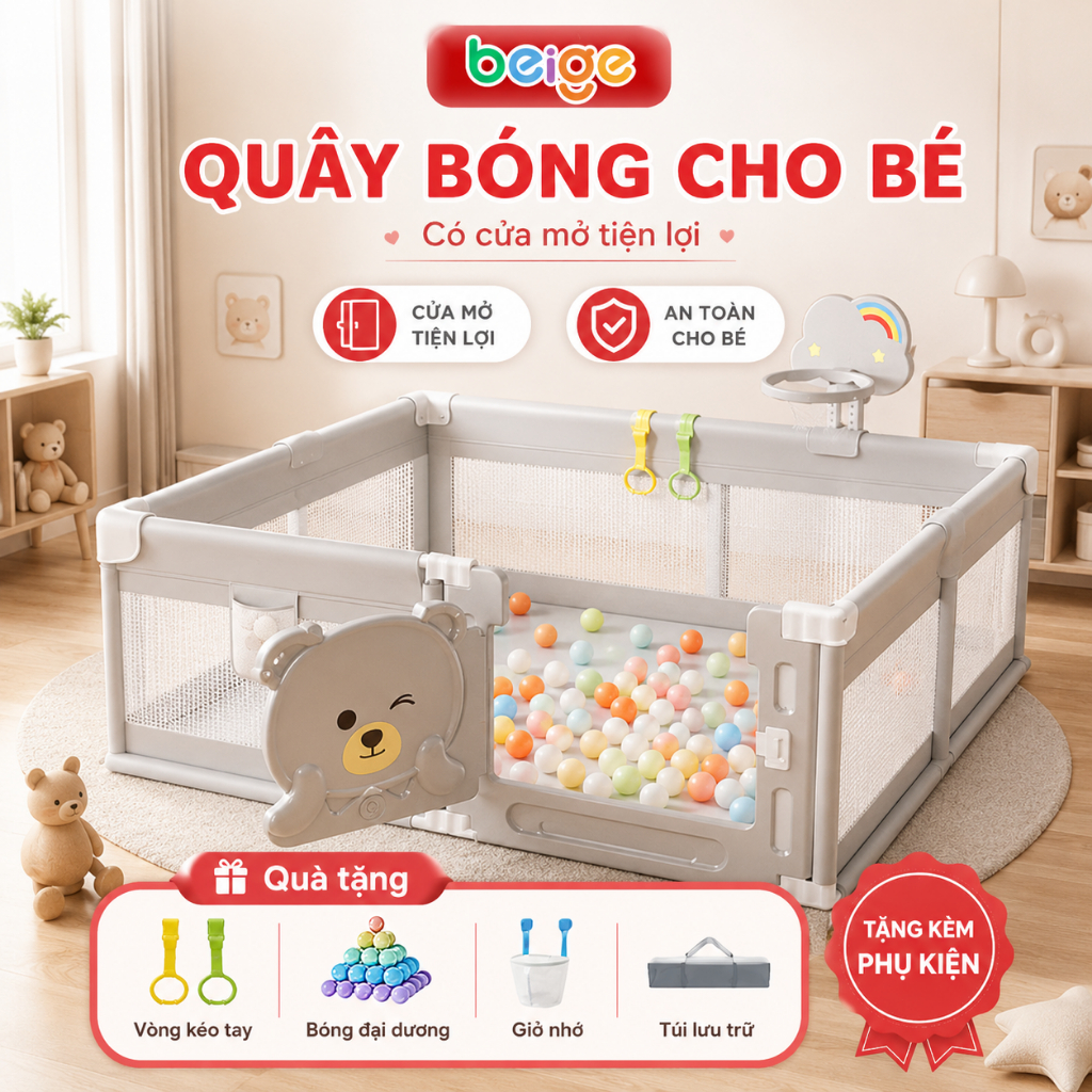 quây bóng cho bé Beige Thiết kế cửa, vật liệu được nâng cấp Đế hút chân không