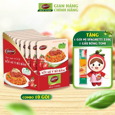 Combo 1 hộp (10 gói) xốt mì ý bò bằm Barona 120g + [tặng 1 gói sợi mì spaghetti 250g và 1 gấu bông Tomi]