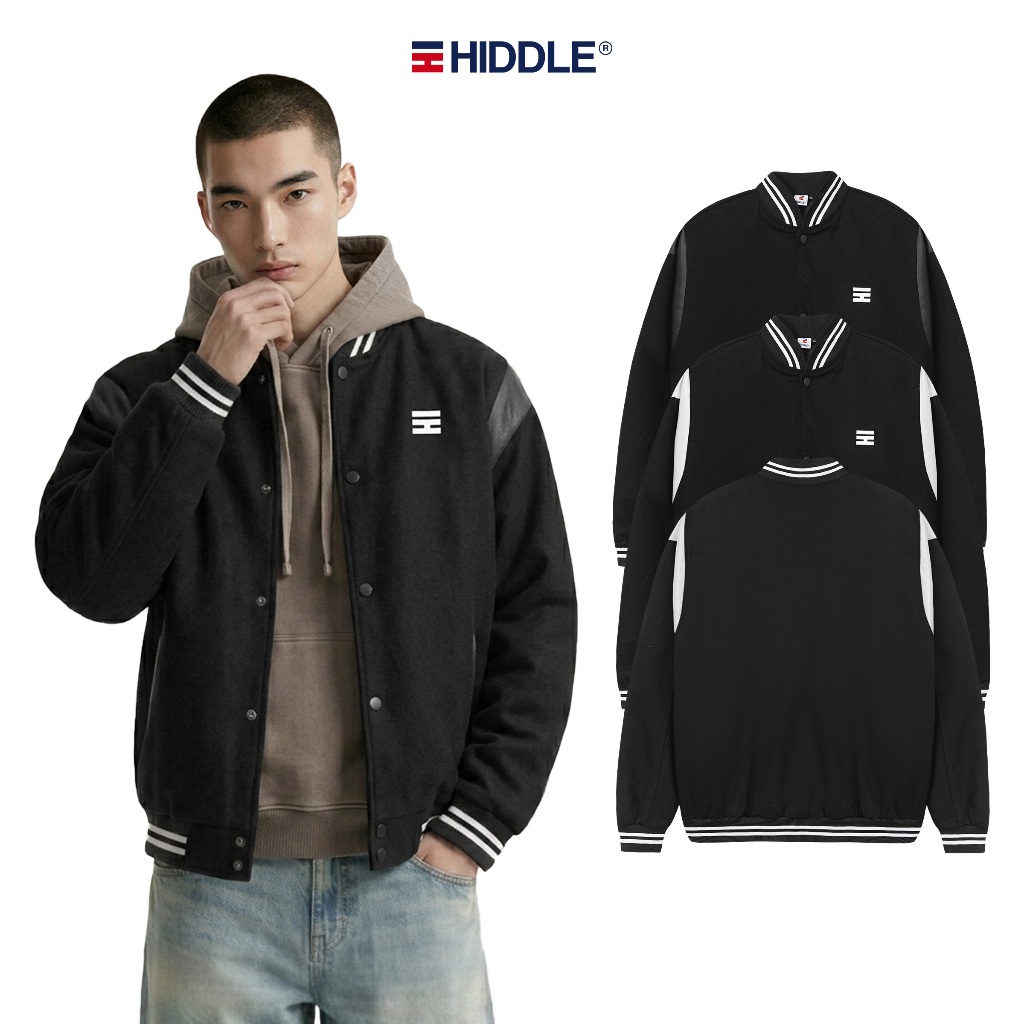Áo khoác varsity nam phối da kaki HIDDLE nhiều size, có túi trong, nút bấm kim loại khí chất | H05-A