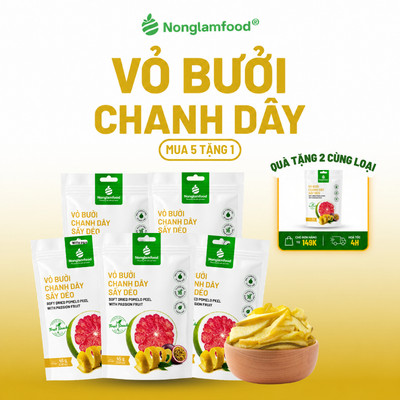 [5 Túi tặng 1] Combo 5 túi vỏ bưởi chanh dây sấy dẻo Nonglamfood 45g