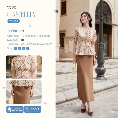 Set Nữ Thiết Kế YAME Công Sở Áo Form Peplum Chiết Ly Eo Xòe, Cổ Tàu& Chân Váy Đuôi Cá Mềm Mịn  - CAMELLIA YS1002