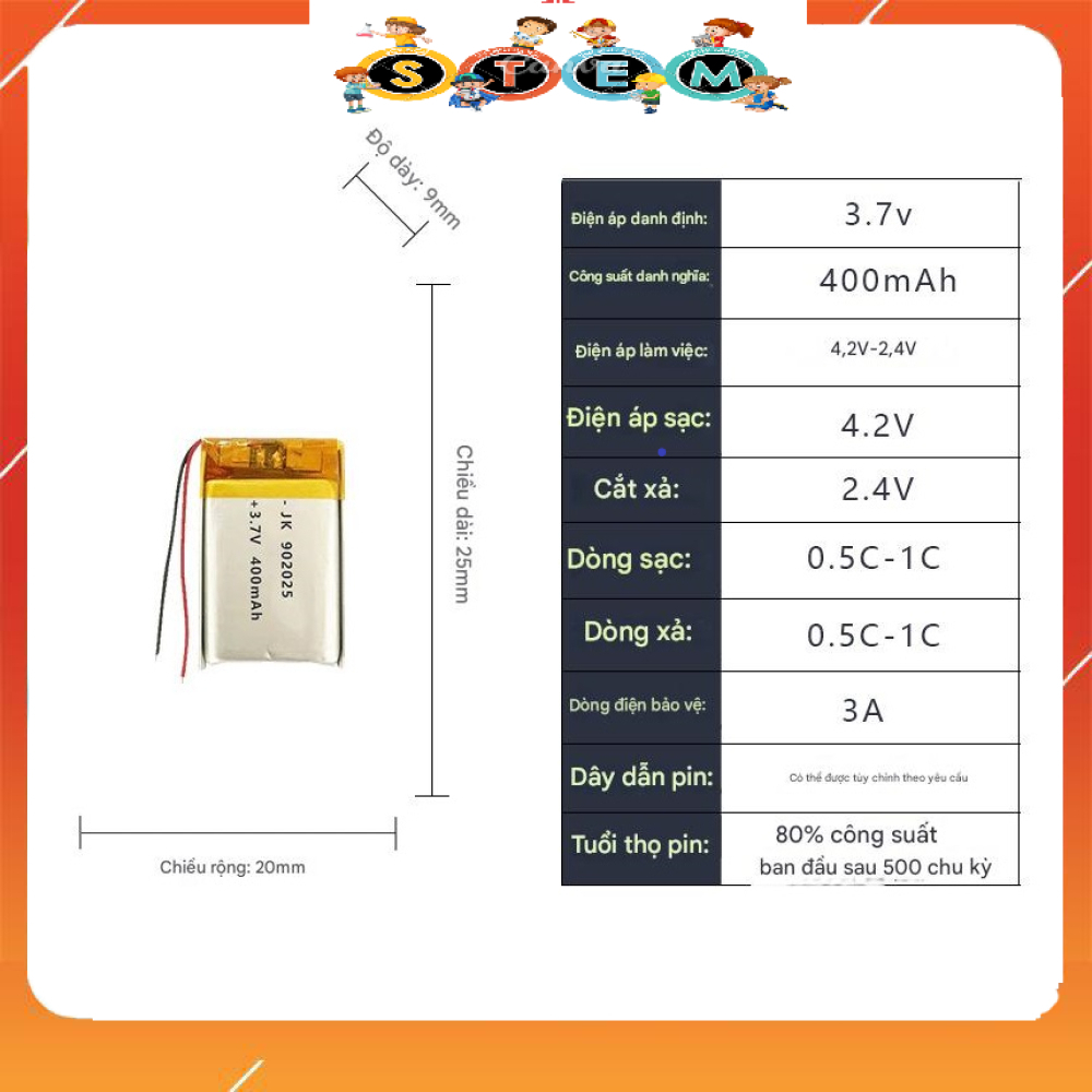 [Stem A-Z] Pin Sạc 902025 3.7v 400mAh Có Mạch Bảo Vệ