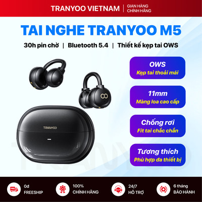[TẶNG KÈM BÚT VỆ SINH] Tai Nghe Bluetooth Kẹp Tai TRANYOO M5 Bluetooth 5.4 Pin Siêu Dài Lên Đến 30h