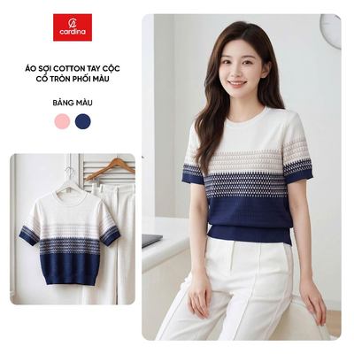 Áo kiểu nữ CARDINA chất liệu sợi cotton dệt tay cộc cỏ tròn phối màu 6ALC14