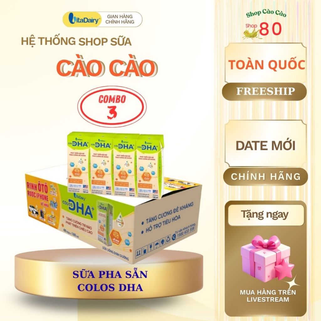 Thùng 110ml Date T9 Combo 3-4 pha sẵn Colos DHA tăng cường miễn dịch, phát triển trí não. Vitadairy
