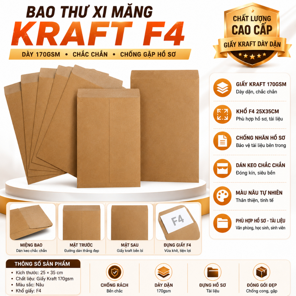 Combo 20/50/100 Cái Bao Bì Thư A4 (ĐL160)-Loại dày Giấy Kraft xi măng