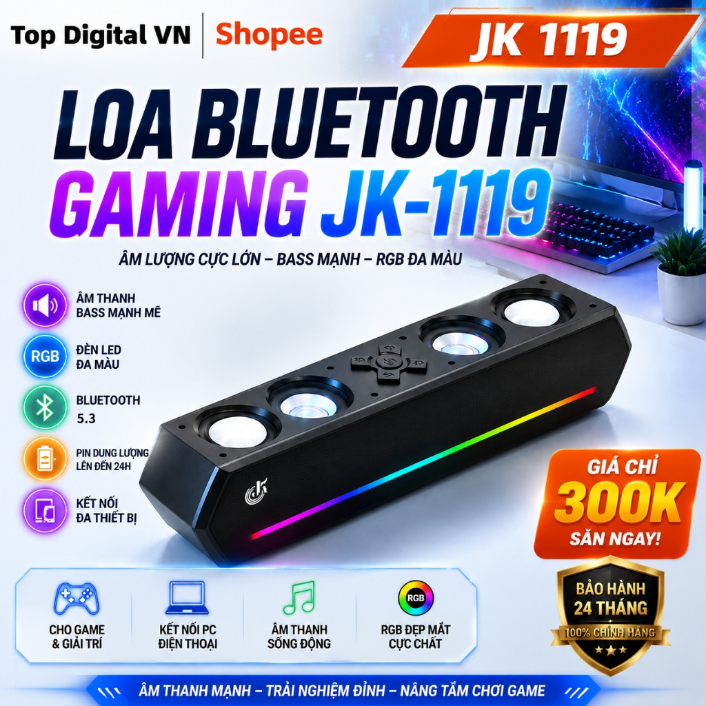 Loa Bluetooth Gaming JK-1119 Âm Bass Mạnh, Âm Lượng Lớn, Đèn LED RGB,Loa Không Dây Cho PC Điện Thoại